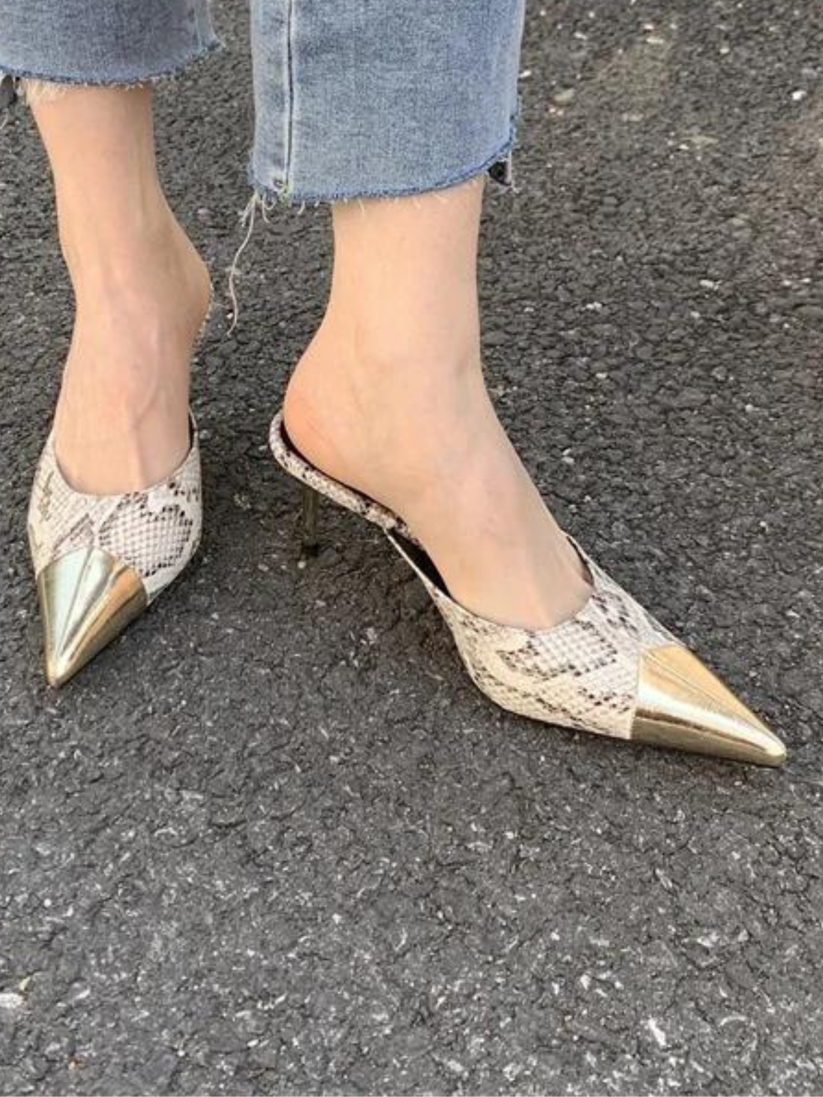 Gold-Toe Snake Print Slingback Heels