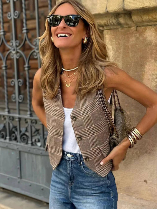 Chic V-Neck Houndstooth Vest