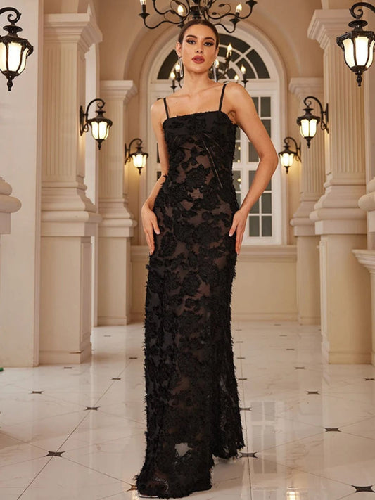 Appliqué Maxi Evening Dress