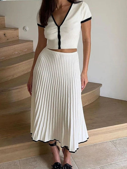 White V-Neck Pleated Skirt Set