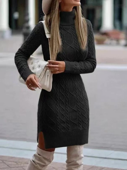 Knitted Wrap High-Neck Sweater Dress