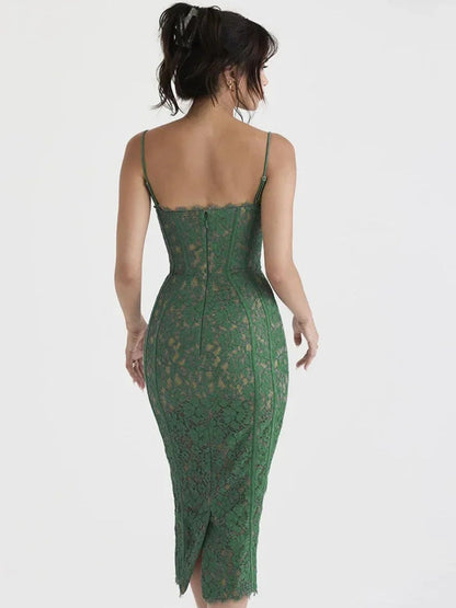 Vintage Green Spaghetti Strap Lace Dress