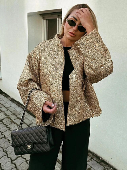 Shiny Sequin Stand Collar Jacket