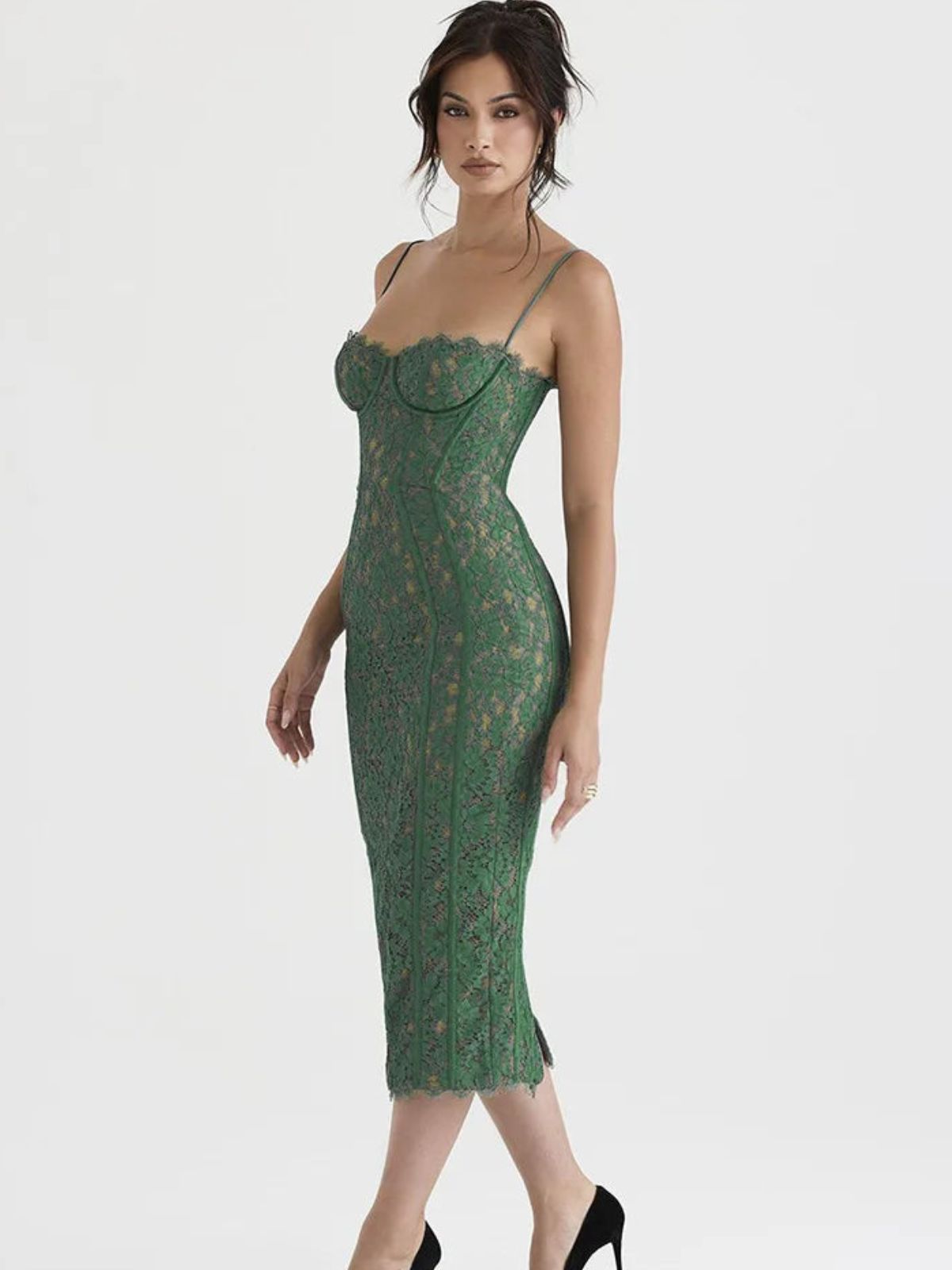 Vintage Green Spaghetti Strap Lace Dress