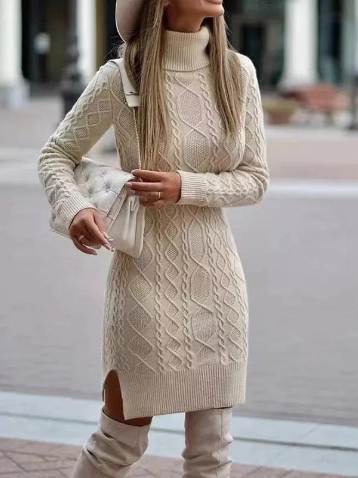 Knitted Wrap High-Neck Sweater Dress