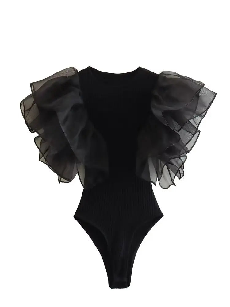 Black Ruffled O-Neck Bodysuit