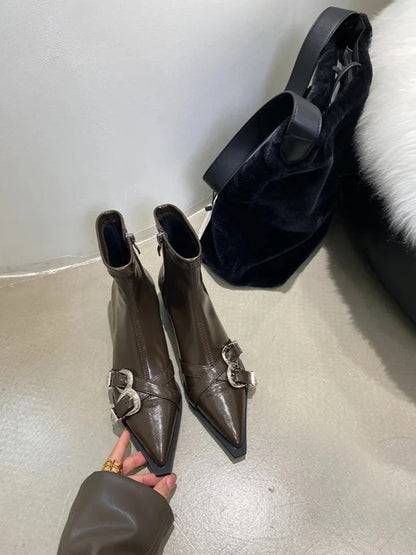 Pointed Toe Buckle Ankle Booties