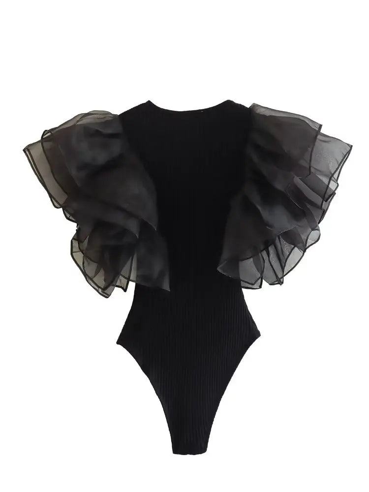 Black Ruffled O-Neck Bodysuit